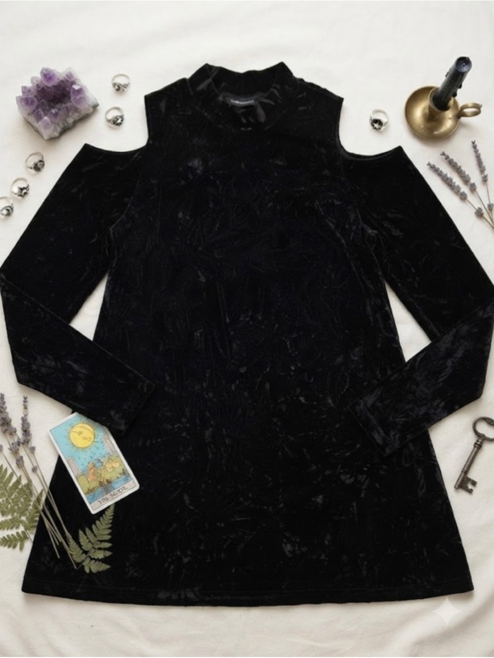 Coco + Carmen Velvet Mock Neck Cold Shoulder Long Sleeve Mini Dress - Picture 2 of 12
